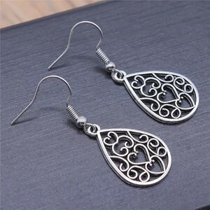 Silver Teardrop Filigree Heart Dangle Earrings Vtg Styl Hollow Drop Pendnt Charm